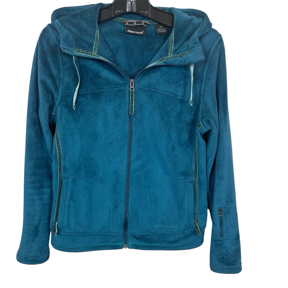 Marmot women’s hooded hoodie jacket size small soft cozy zippered blue